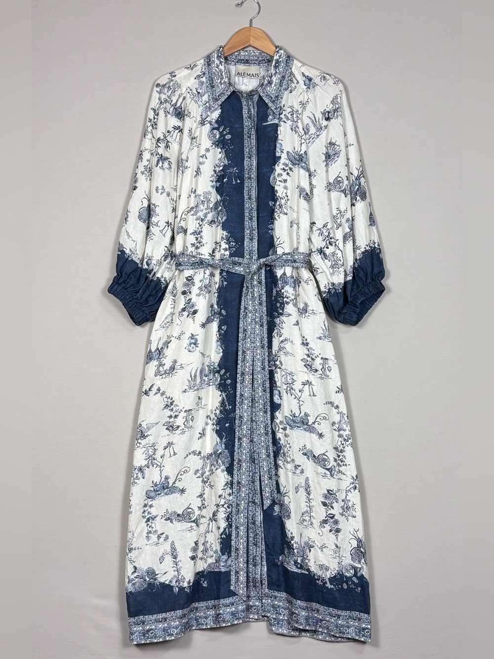 ALEMAIS Linen Toile Print Belted Maxi Dress Pockets Blue White US 12 - Picture 4 of 7